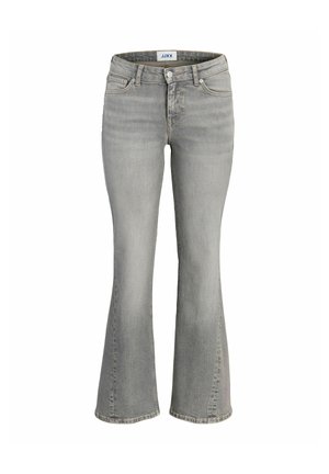 Jean en denim gris avec une coupe légèrement évasée, fermeture frontale avec bouton et zip, et style cinq poches.