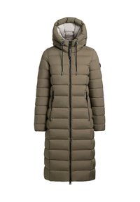 Olive green puffer coat with a hood, featuring horizontal quilted panels, a full front zipper, and two side pockets. Inner lining is light gray.
