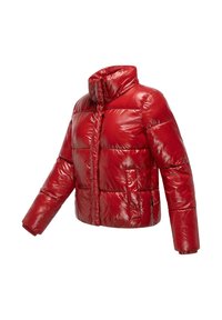 Chaqueta acolchada roja, brillante, con cuello alto, cierre de cremallera y puños elásticos. Presenta un diseño acolchado y bolsillos laterales. Silueta corta.