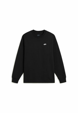 Zwarte katoenen T-shirt met lange mouwen en een ronde hals, met ribbelmanchetten. Bevat een klein logo op de borst. Soepele textuur.