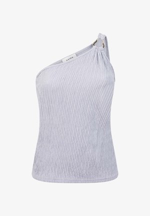 Lichtpaarse top met één schouder, voorzien van een textuur met ribdesign en een zilverkleurig hardware accent op de schouder. Gladde stofafwerking.