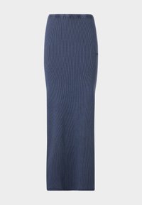Mørkeblå, ribbestrikket blyantskjørt med en tettsittende design og en rett silhuett. Har elastisk linning og glatt tekstur.