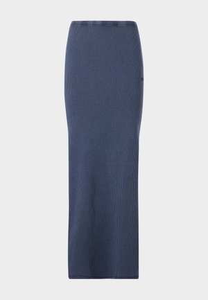 Saia lápis em malha canelada azul-escura, com design ajustado e silhueta reta. Apresenta um cós elástico e textura suave.