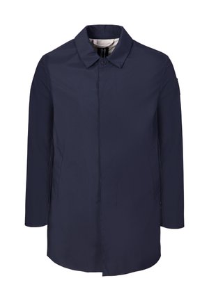 Marineblå enkelt-radet frakke med lange ærmer, skjulte knapper foran, sidelommer og en klassisk krave.