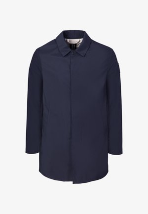 Marineblå enkelt-radet frakke med lange ærmer, skjulte knapper foran, sidelommer og en klassisk krave.
