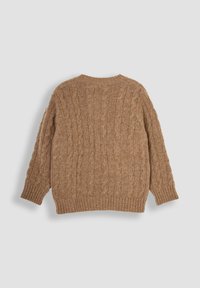 Braun gestrickter Pullover mit Rundhalsausschnitt und langen Ärmeln. Verfügt über ein strukturiertes Muster sowie gerippte Bündchen und Saum. Rückansicht abgebildet.