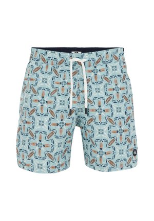 Die Schwimmshorts für Herren haben eine hellblaue Basis mit einem geometrischen Muster in Braun und Marineblau, einen elastischen Bund mit Kordelzug und einem Logopatch.