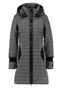 Gequilted zwart en grijs jas met een ruitpatroon, voorzien van een ritssluiting aan de voorkant, een capuchon en zwarte accenten op de mouwen en zakken. Heeft een zachte textuur en een modern ontwerp.