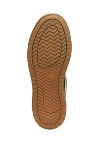 Semelle en caoutchouc marron avec motif en zigzag, présentant des trous de ventilation. Fini lisse avec un talon légèrement surélevé et un design flexible.
