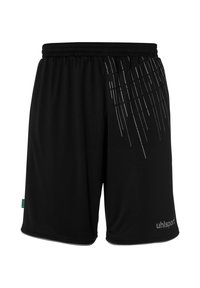 Zwarte sportshorts van lichtgewicht stof, met een diagonaal lijnpatroon in het wit en een elastische tailleband. Merklogo afgebeeld.