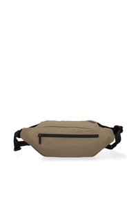 Borsetta a vita beige realizzata in tessuto resistente, con silhouette piatta, tasca con zip nera sul fronte e tracolla regolabile per una vestibilità sicura.