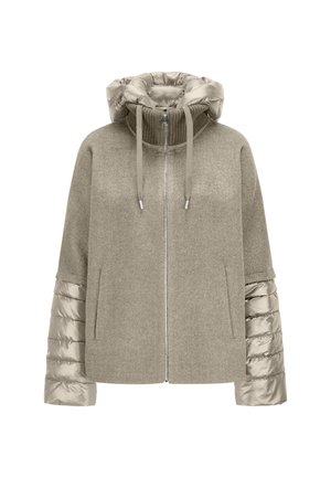 Beige zip-up jacket with quilted puffer sleeves and hood, wool blend body, drawstrings on hood, and side pockets.