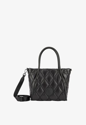 Zwarte gewatteerde handtas met een gladde textuur, dubbele handgrepen, afneembare schouderriem en een ronde logopatch aan de voorkant.