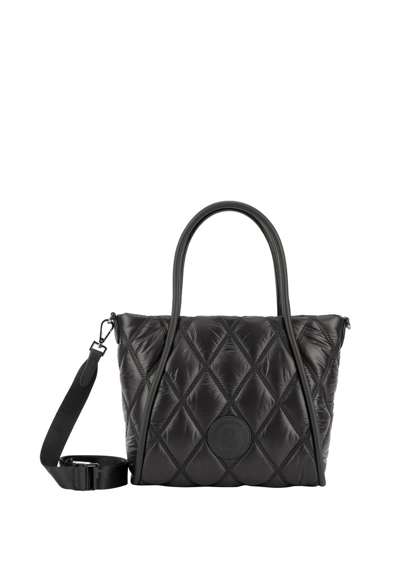 Zwarte gewatteerde handtas met een gladde textuur, dubbele handgrepen, afneembare schouderriem en een ronde logopatch aan de voorkant.