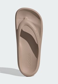 Hnedé adidas žabky s hladkým matným povrchom a textúrovaným vnútorným povrchom. Obsahujú centrálny prstový pásik a mierne zvýšenú pätu.