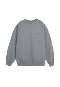 Szary sweter z okrągłym dekoltem, rękawami raglanowymi i ściągaczami. Posiada subtelną haftowaną grafikę na piersi oraz teksturowany materiał.