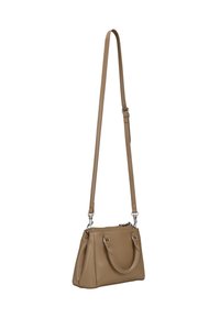 Rjava usnjena torbica s srebrno kovinsko opremo, dvema ročkama in nastavljivim trakom. Ima strukturirano obliko s gladko teksturo in subtilnimi šivi.