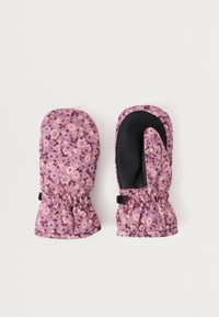 Moufles violettes avec un motif floral. Fabriquées en tissu rembourré, elles ont un poignet élastique et une paume noire texturée pour une meilleure adhérence.