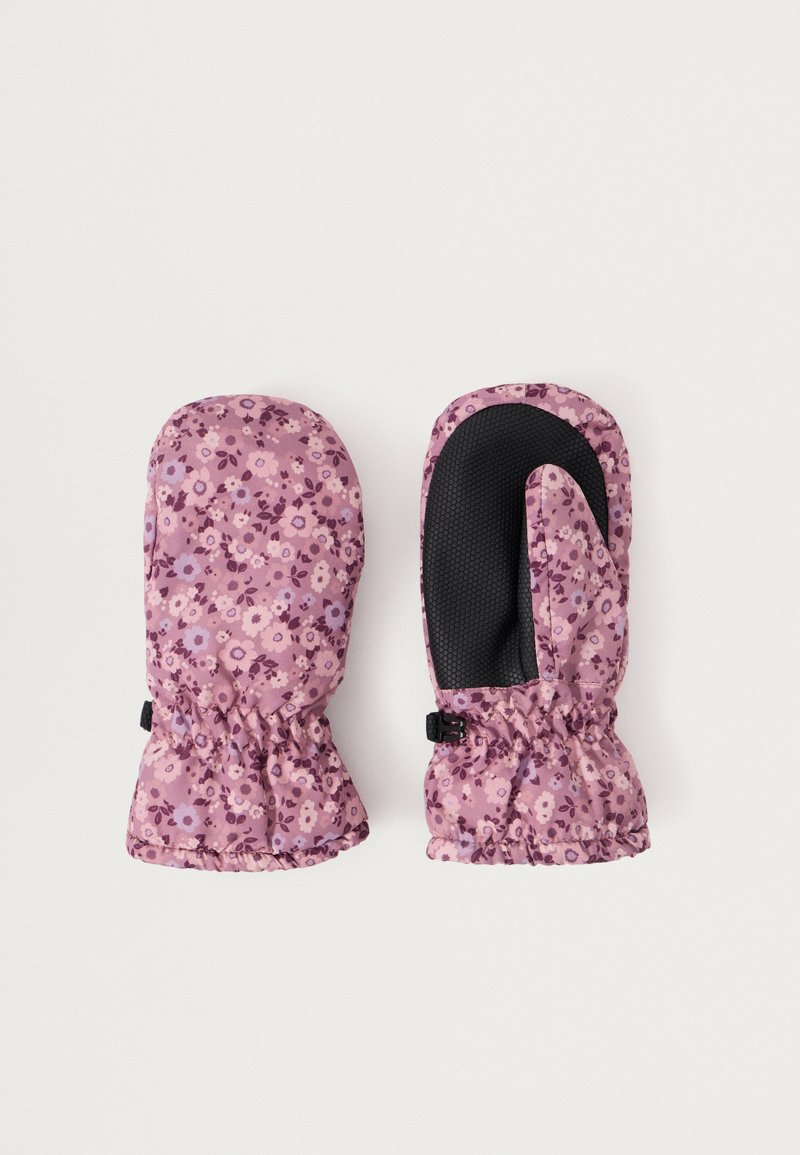 Moufles violettes avec un motif floral. Fabriquées en tissu rembourré, elles ont un poignet élastique et une paume noire texturée pour une meilleure adhérence.