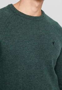 Uomo che indossa un maglione lavorato a maglia verde scuro a maniche lunghe con un piccolo logo di un uccellino ricamato in nero sul lato sinistro del petto.