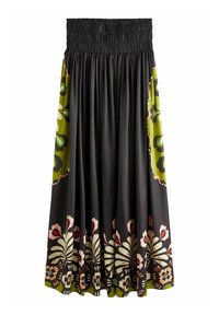 Zwarte rok met een geraffineerde taille en bloemmotieven in groen, roze en wit langs de zoom. Gemaakt van een gladde stof, op kniehoogte.