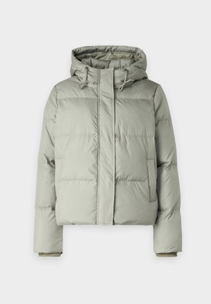 Light green puffer jacket with a hood, featuring a cropped design, stitched panels, and elastic cuffs. Includes drawstring at the neckline.