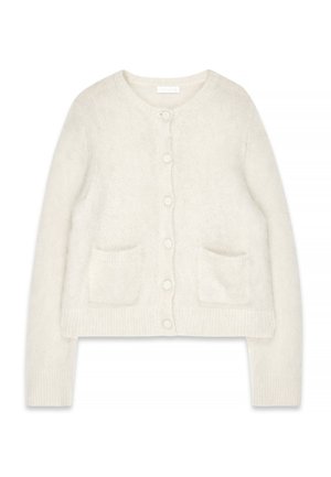 Krämfärgad stickad cardigan med rund halsringning, sexknappslukning, två framfickor och ribbade ärmslut. Mjuk textur.