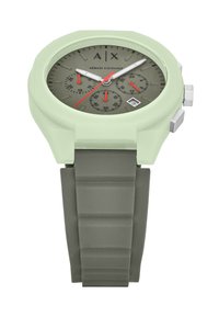 Green silicone watch with a round face. Gray dial features three sub-dials and red accents. Sturdy rubber strap with textured details.