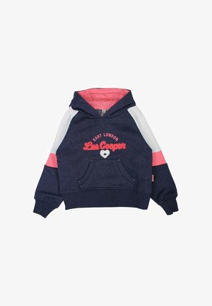 Sweat à capuche bleu marine avec accents rose et blanc, doté d'une poche avant, d'une capuche, et du lettrage brodé "East London Lee Cooper".
