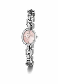 Silver-tone guess watch with an oval pink dial and linked bracelet, featuring diamond accents on the face and a smooth finish.