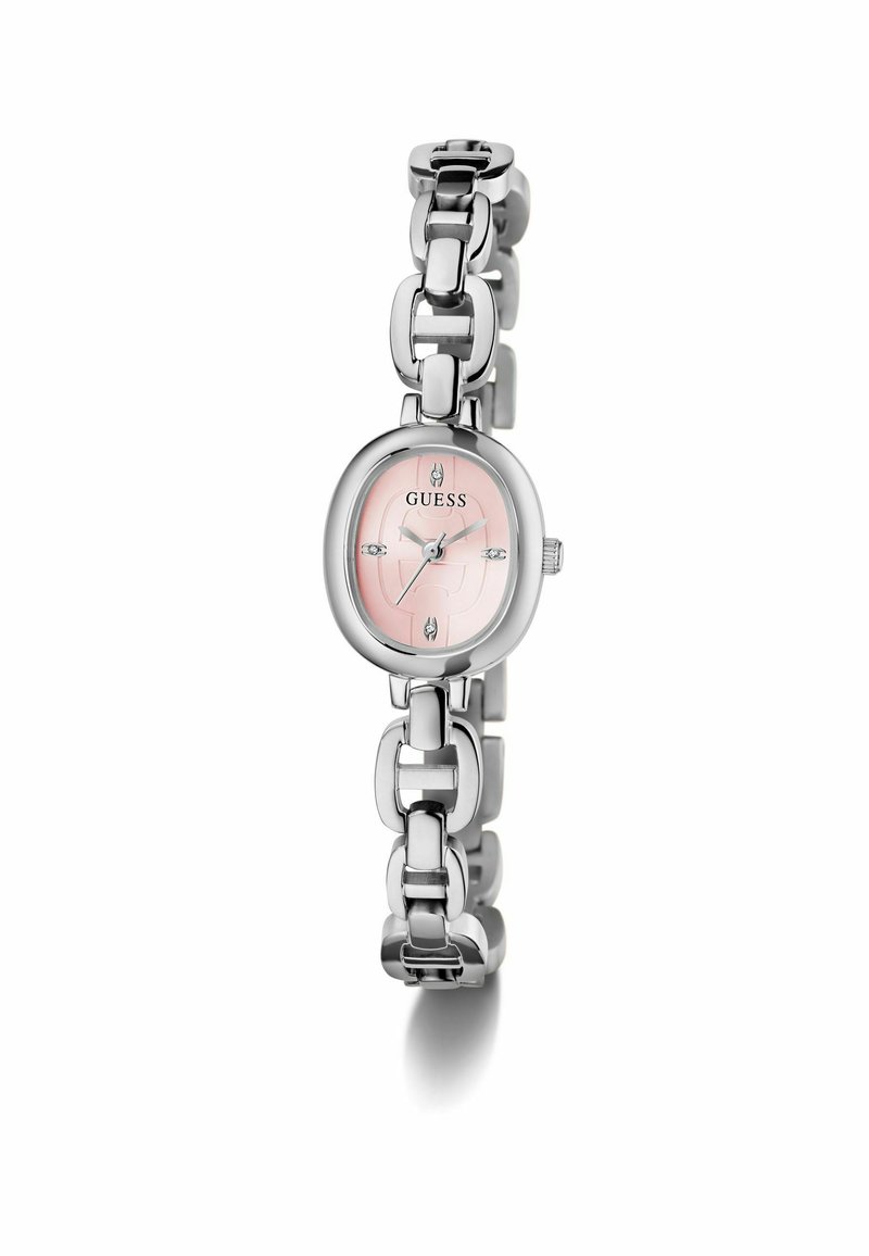 Silver-tone guess watch with an oval pink dial and linked bracelet, featuring diamond accents on the face and a smooth finish.