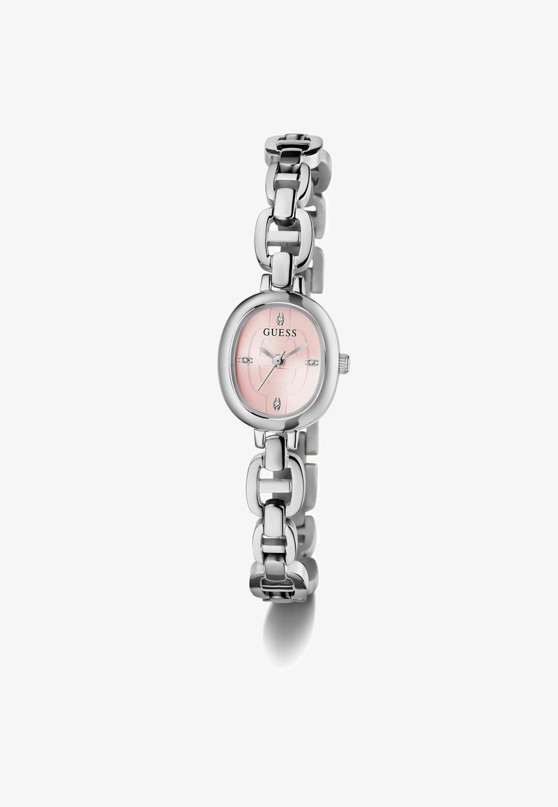 Silver-tone guess watch with an oval pink dial and linked bracelet, featuring diamond accents on the face and a smooth finish.