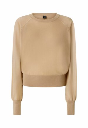 Beige cropped trui gemaakt van zachte stof. Heeft een ronde halslijn, lange raglanmouwen en ribgebreide boorden en onderrand. Gladde textuur met minimale details.