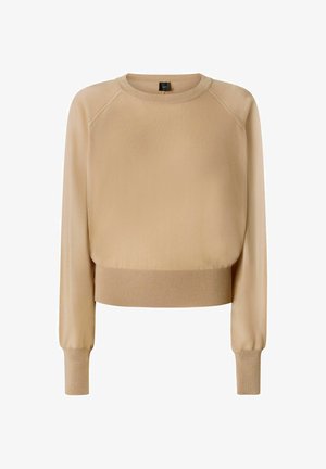 Beige cropped trui gemaakt van zachte stof. Heeft een ronde halslijn, lange raglanmouwen en ribgebreide boorden en onderrand. Gladde textuur met minimale details.