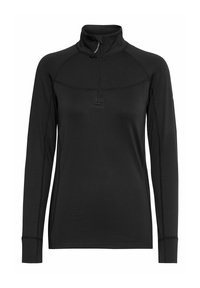 Zwarte lange mouw half-zip pullover met een staande kraag, met platte naden en een gladde, elastische stof.