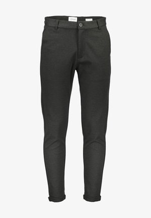 Donkergrijze slim-fit broek van een gladde stof met een knoopsluiting, voorzakken en opgerolde manchetten aan de zoom.