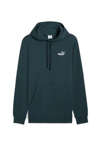 Hoodie Puma bleu foncé avec poche kangourou à l'avant et logo sur la poitrine gauche, doté d'une capuche à cordon de serrage et de manches longues.