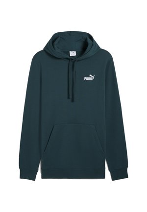 Donker teal Puma hoodie met een voorzak in kangoeroestijl en logo op de linkerkant van de borst, voorzien van een capuchon met trekkoord en lange mouwen.