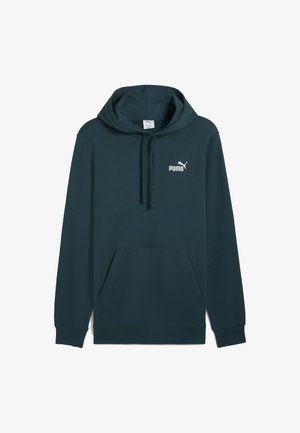 Tamno plavi Puma dukserica s kapuljačom, prednjim kengurujim džepom i logom na lijevoj strani prsnog koša, koja ima vezicu za kapuljaču i duge rukave.