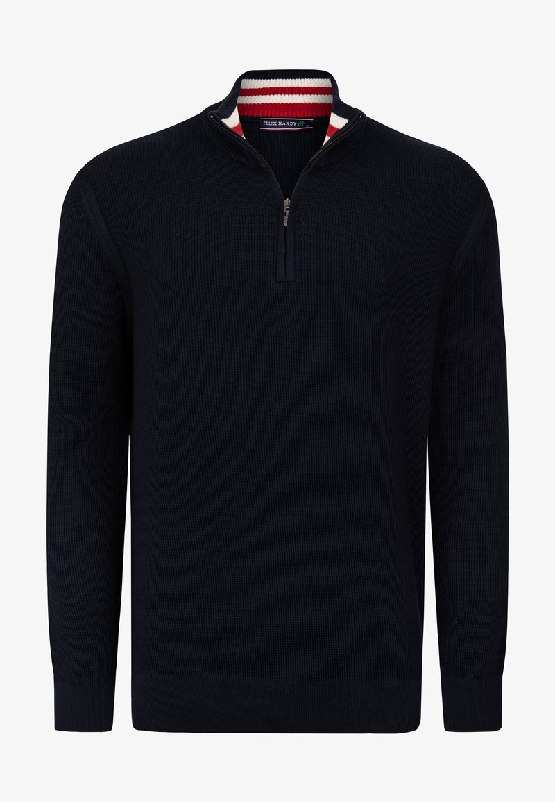 Maglione n Navy a coste con colletto a zip a quarto e interno del collo a righe rosse e bianche. Maniche lunghe e design a tinta unita.