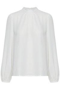 Blusa bianca con colletto alto, maniche lunghe a sbuffo e pieghe sottili al collo. Tessuto liscio e morbido con una caduta fluida.