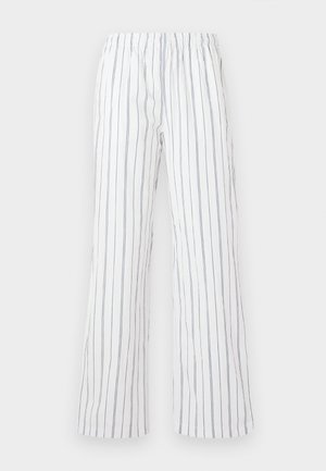White trousers with blue vertical stripes, made of lightweight fabric. Features an elastic waistband and wide, flared legs.