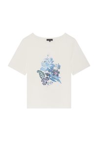 Korte mouwen, crèmekleurig t-shirt met blauwe en paarse bloemenprint, ronde halslijn en een relaxed fit. Gemaakt van zachte katoen.