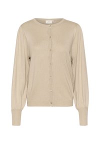 Béžový cardigan s kulatým výstřihem, dlouhými nafouklými rukávy a zapínáním na knoflíky vpředu. Má žebrovaný lem a hladkou texturu.