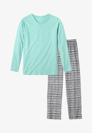 Light teal long-sleeve V-neck shirt paired with black and white patterned pajama pants featuring geometric designs.