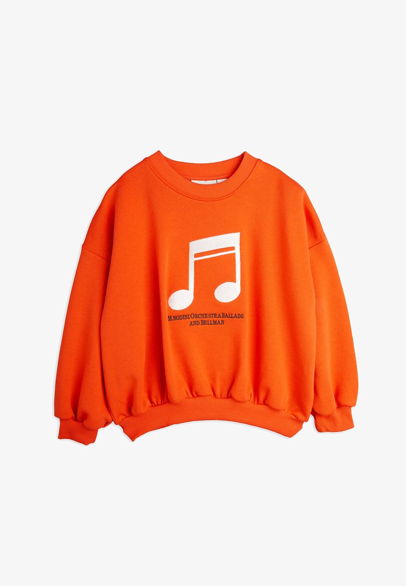 Orange sweatshirt made of cotton, featuring a white music note graphic and text at the center, with ribbed cuffs and hem.
