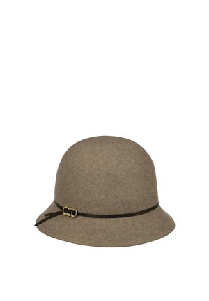 Taupe felt cloche hat with a narrow dark band and small gold buckle detail on a white background.