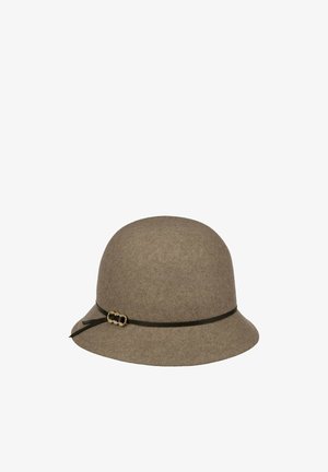 Taupe felt cloche hat with a narrow dark band and small gold buckle detail on a white background.