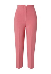 Op maat gemaakte hoog-waisted broeken van roze stof. Kenmerkt verticale naaddetails en een rechte pantalon ontwerp. Strakke, moderne silhoutte.