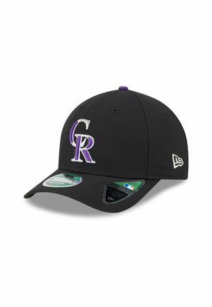 Black baseball cap featuring embroidered "CR" logo in purple and white, curved brim, and flat back panel with MLB tag.